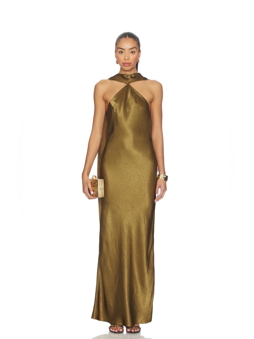 Amanda Uprichard x Revolve Ashton Maxi Dress Olive Satin Halter Gown Size S